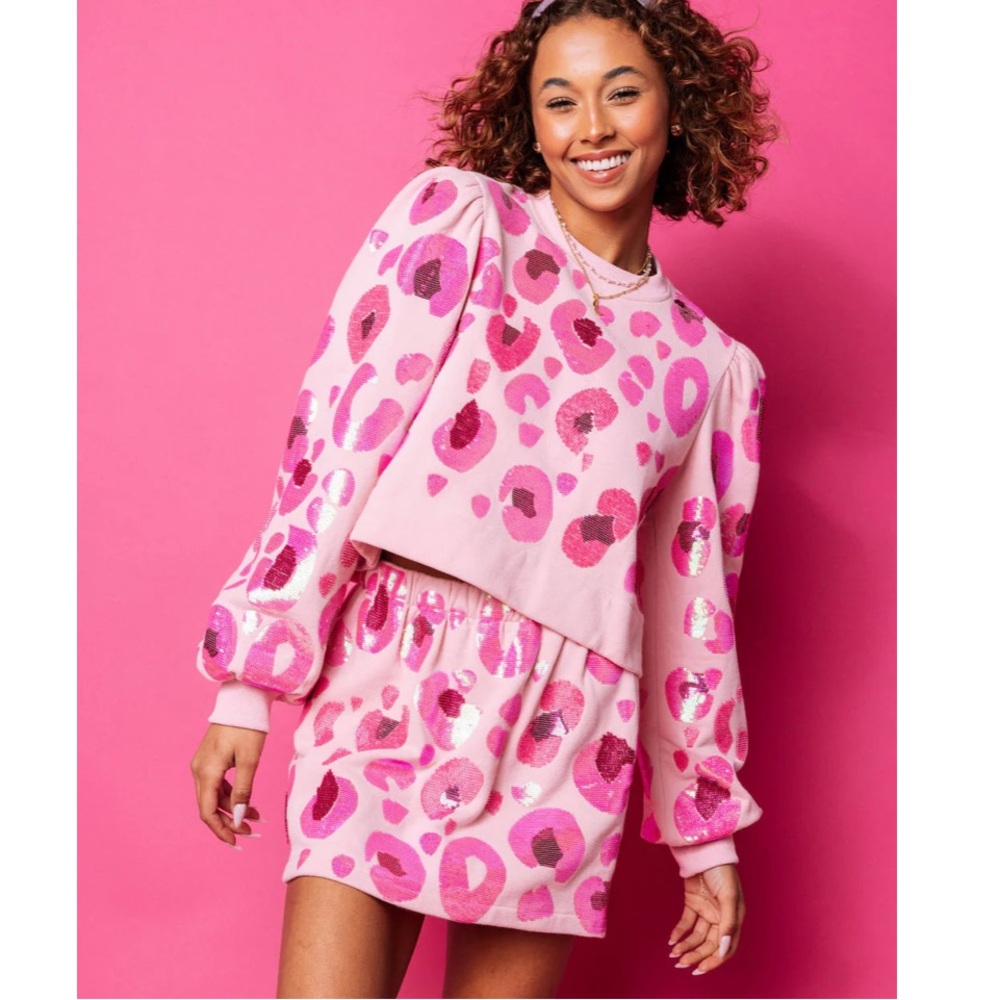 NWT XS Pink Seed Bead & Sequin Leopard Sweatshirt- Women's